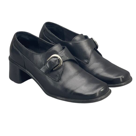 Thom McAnn Black Leather Monk Strap Buckle 2" Heel Slip On Loafer Women 7.5 - Picture 1 of 11